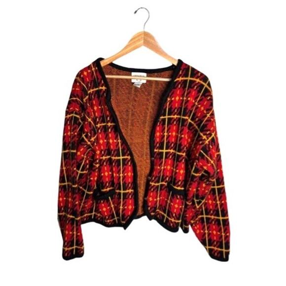Vintage Cervelle Grandpa Cardigan Sweater Plaid Red Black Gold Buttons Size XL - Picture 2 of 8